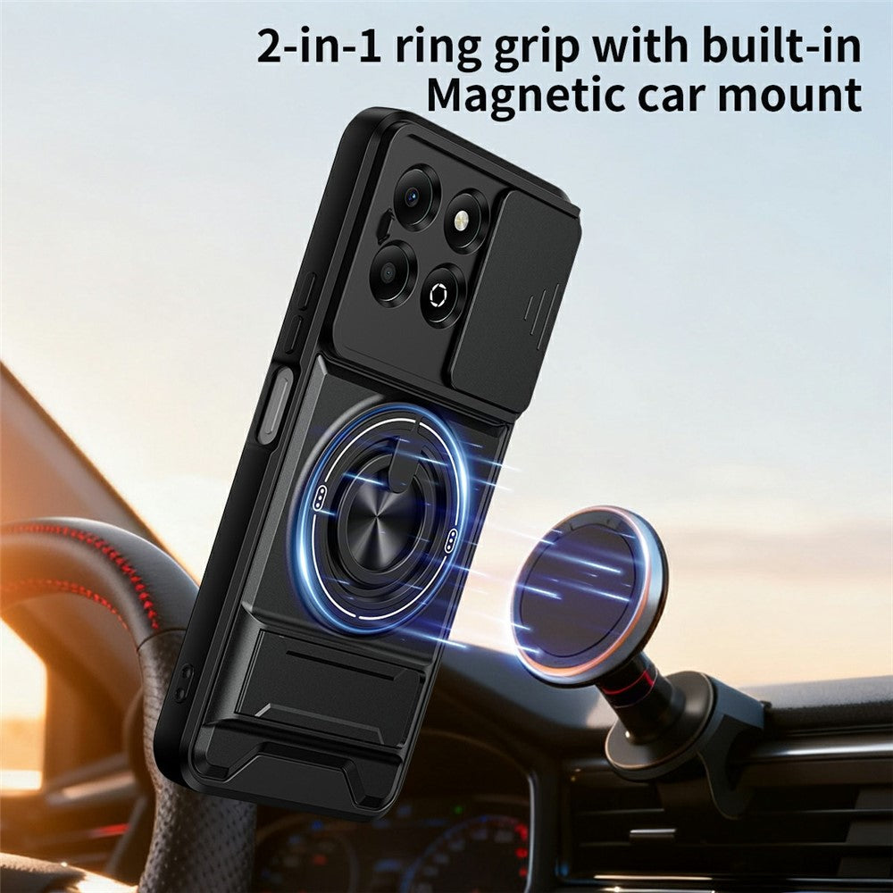 For Honor X6b 4G Magnetic Case Ring Holder Foldable Kickstand TPU PC Phone Cover with Camera Lens Slider