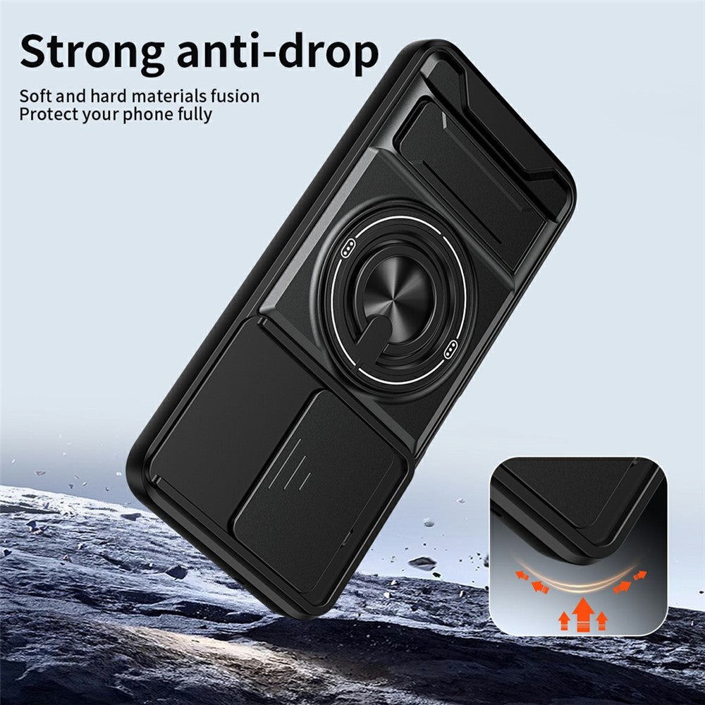 For Honor X6b 4G Magnetic Case Ring Holder Foldable Kickstand TPU PC Phone Cover with Camera Lens Slider