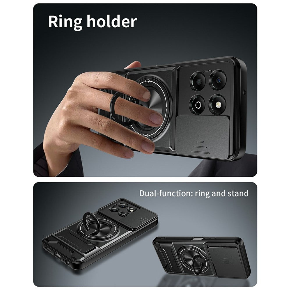 For Honor X6b 4G Magnetic Case Ring Holder Foldable Kickstand TPU PC Phone Cover with Camera Lens Slider