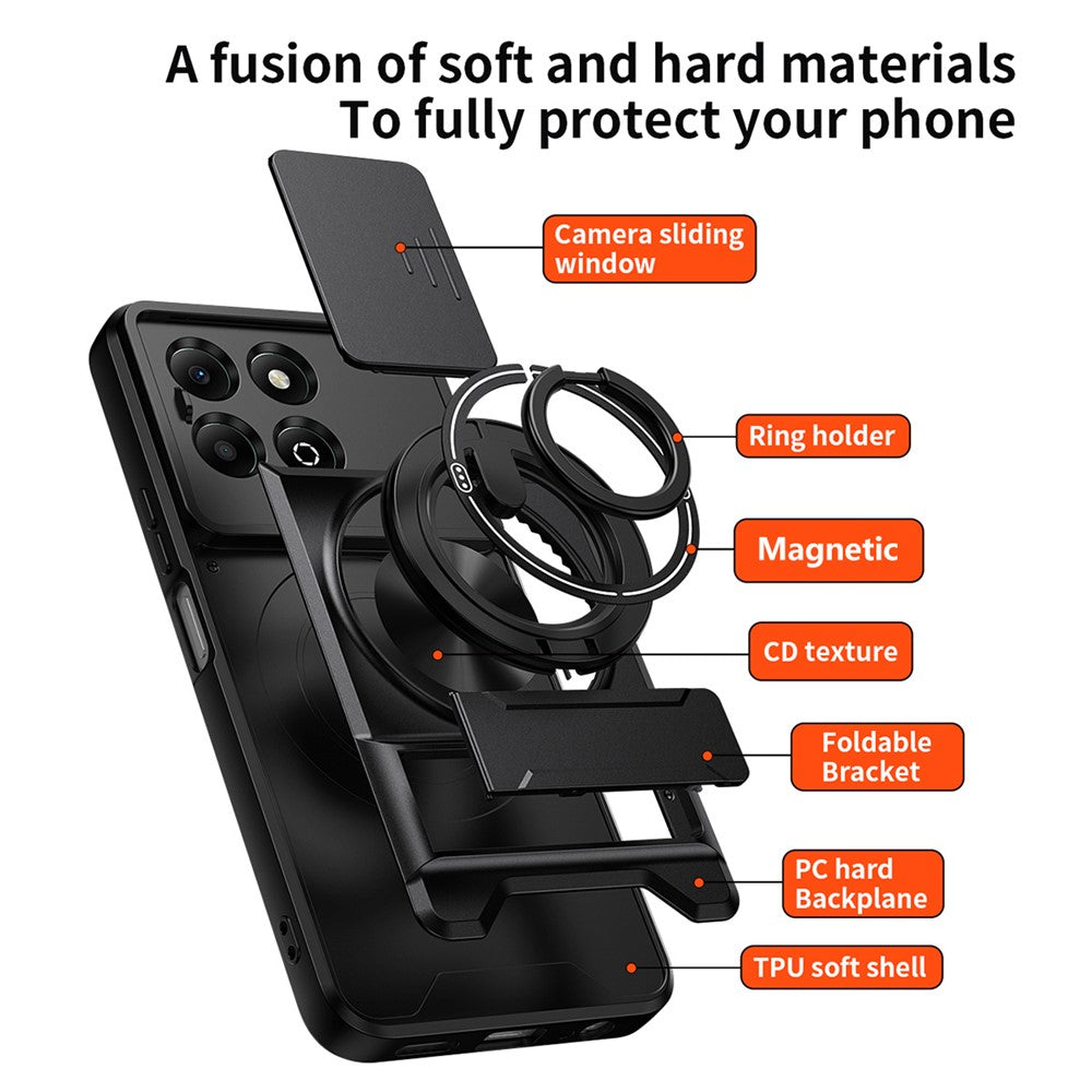 For Honor X6b 4G Magnetic Case Ring Holder Foldable Kickstand TPU PC Phone Cover with Camera Lens Slider