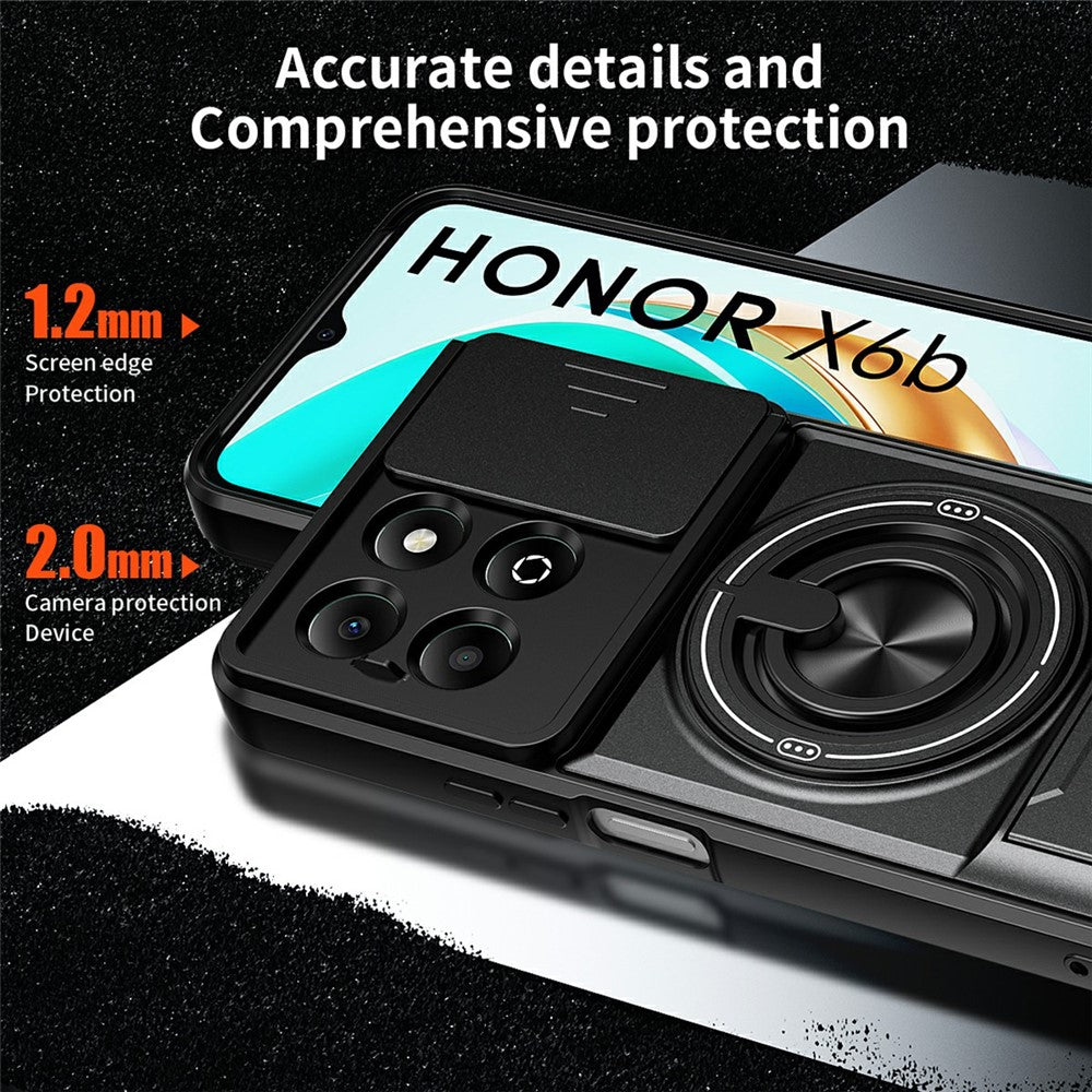 For Honor X6b 4G Magnetic Case Ring Holder Foldable Kickstand TPU PC Phone Cover with Camera Lens Slider