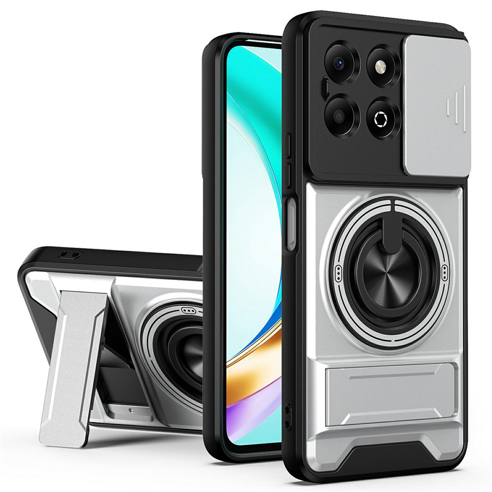 For Honor X6b 4G Magnetic Case Ring Holder Foldable Kickstand TPU PC Phone Cover with Camera Lens Slider