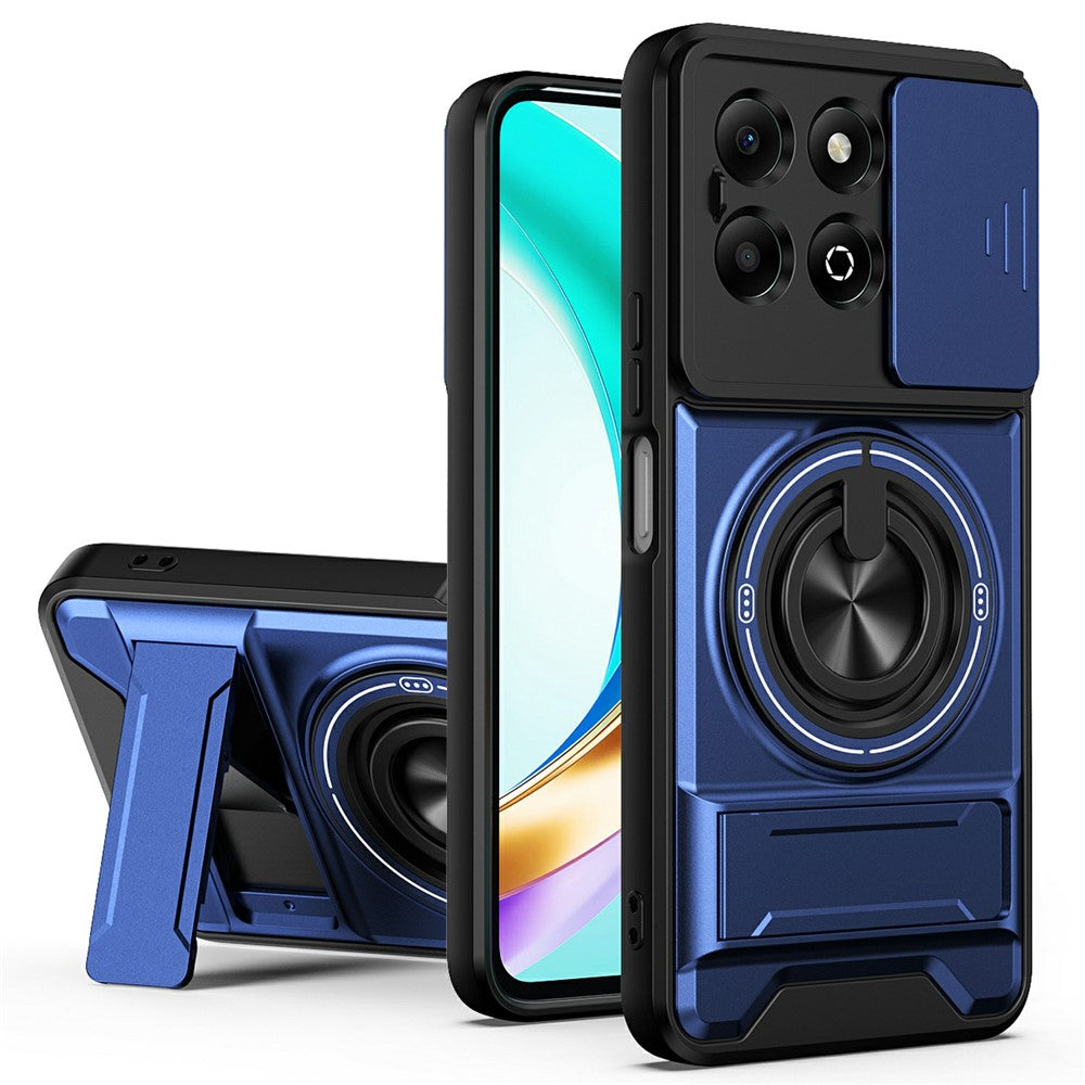 For Honor X6b 4G Magnetic Case Ring Holder Foldable Kickstand TPU PC Phone Cover with Camera Lens Slider
