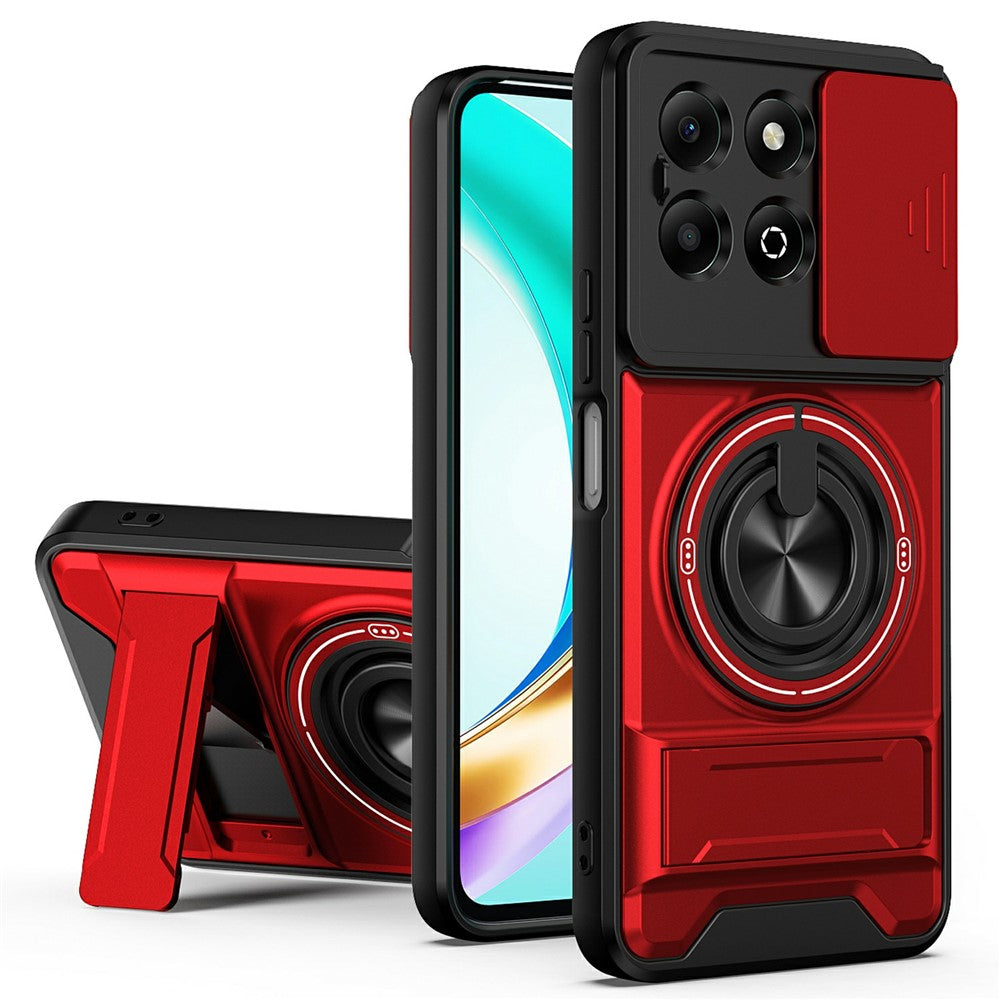For Honor X6b 4G Magnetic Case Ring Holder Foldable Kickstand TPU PC Phone Cover with Camera Lens Slider