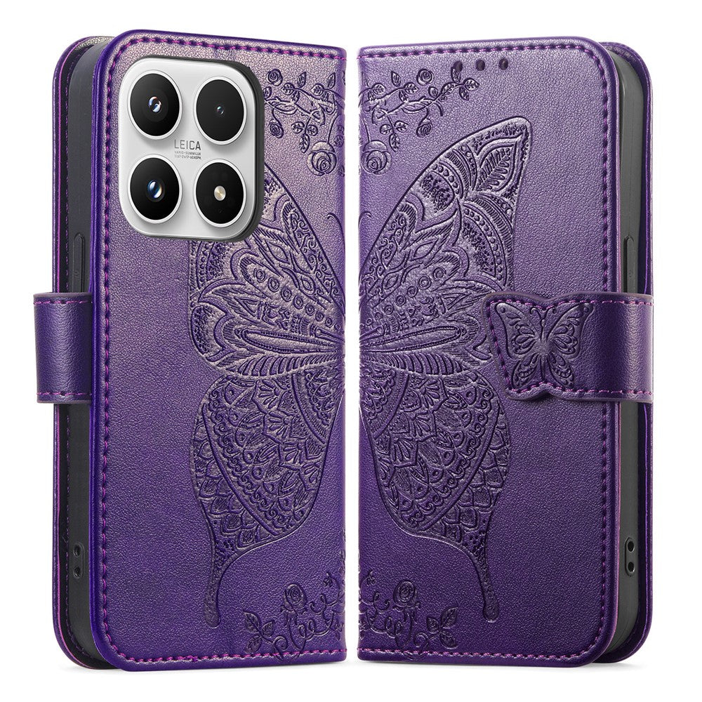 For Xiaomi 17 Case with Strap Butterfly Pattern PU Leather Wallet Phone Cover