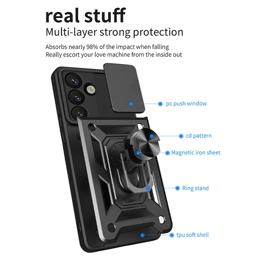 For Samsung Galaxy S26 Case with Slide Camera Lid PC + TPU Kickstand Phone Cover