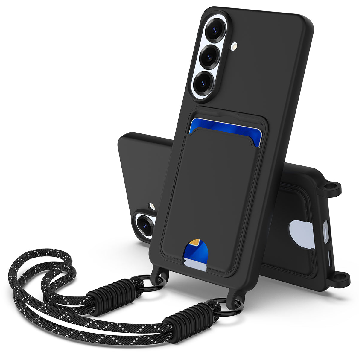 For Samsung Galaxy S26+ Liquid Silicone Case  Phone Back Cover with Card Holder and Short Strap