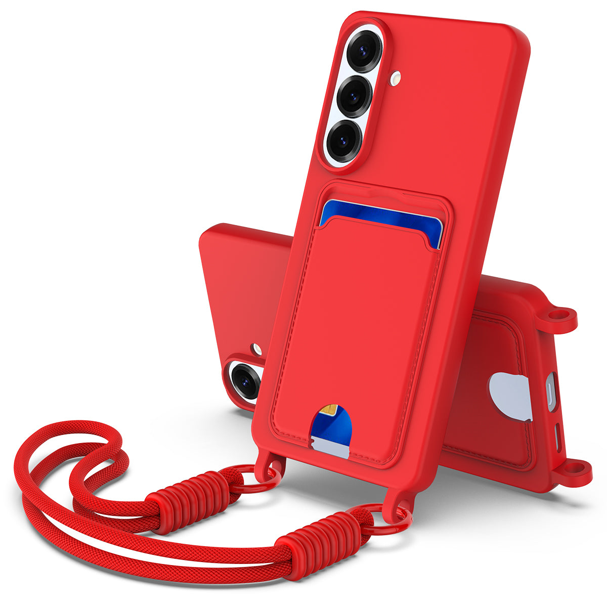For Samsung Galaxy S26+ Liquid Silicone Case  Phone Back Cover with Card Holder and Short Strap