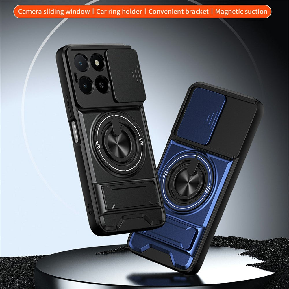 Magnetic Case For Honor X6c 4G  /  X5b  /  X5b Plus Ring Holder Foldable Kickstand TPU PC Phone Cover with Camera Lens Slider