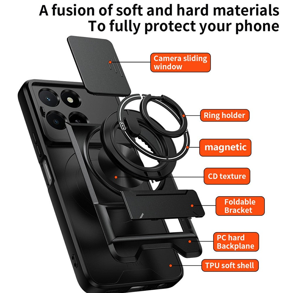 Magnetic Case For Honor X6c 4G  /  X5b  /  X5b Plus Ring Holder Foldable Kickstand TPU PC Phone Cover with Camera Lens Slider
