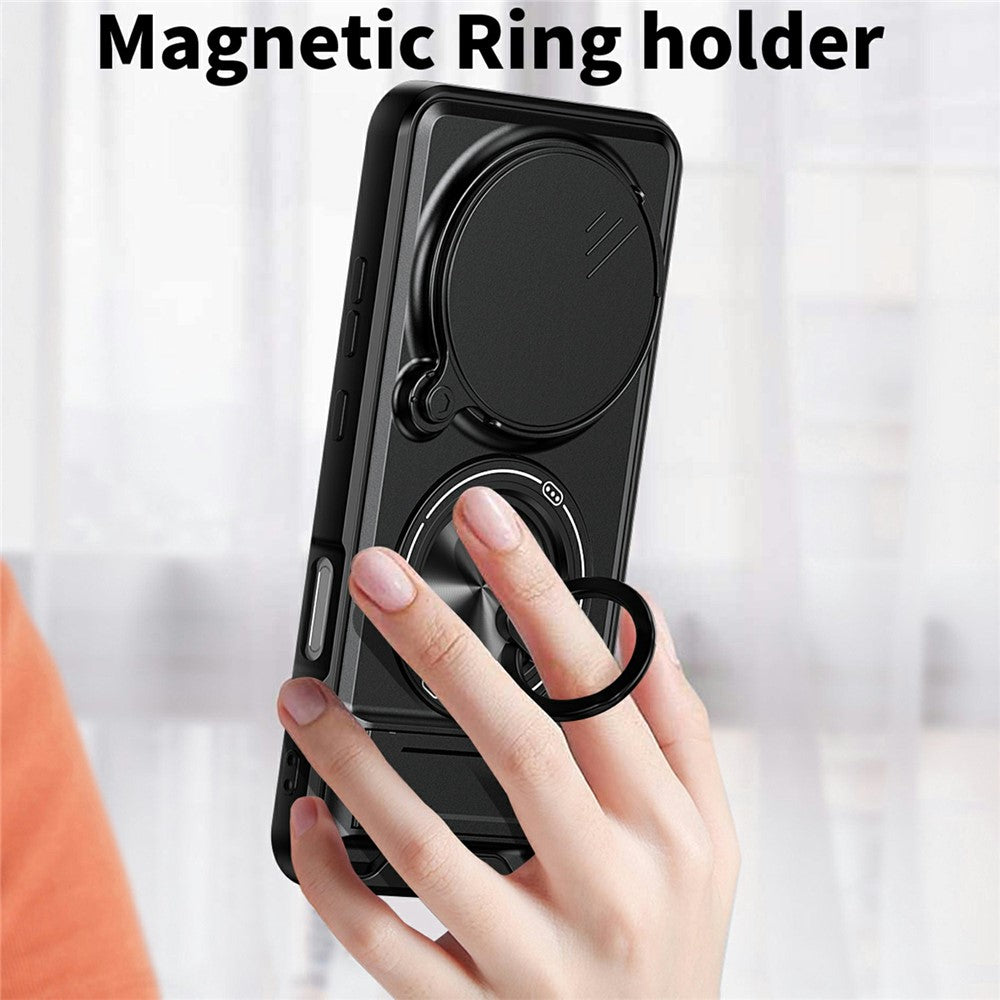 For Honor Magic8 Pro 5G Magnetic Case Ring Holder Foldable Kickstand TPU PC Phone Cover with Camera Lens Slider