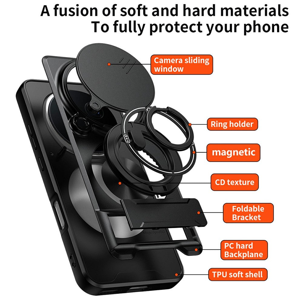 For Honor Magic8 Pro 5G Magnetic Case Ring Holder Foldable Kickstand TPU PC Phone Cover with Camera Lens Slider