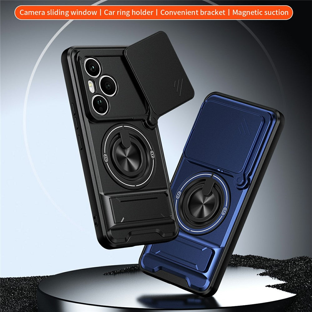For Honor 400 Pro 5G (Global) Magnetic Case Ring Holder Foldable Kickstand TPU PC Phone Cover with Camera Lens Slider
