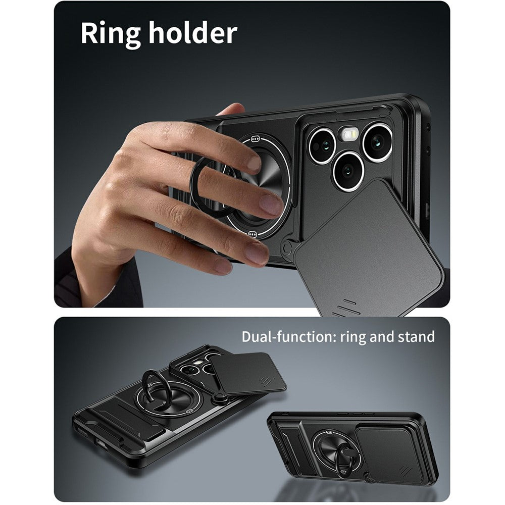 For Honor 400 Pro 5G (Global) Magnetic Case Ring Holder Foldable Kickstand TPU PC Phone Cover with Camera Lens Slider
