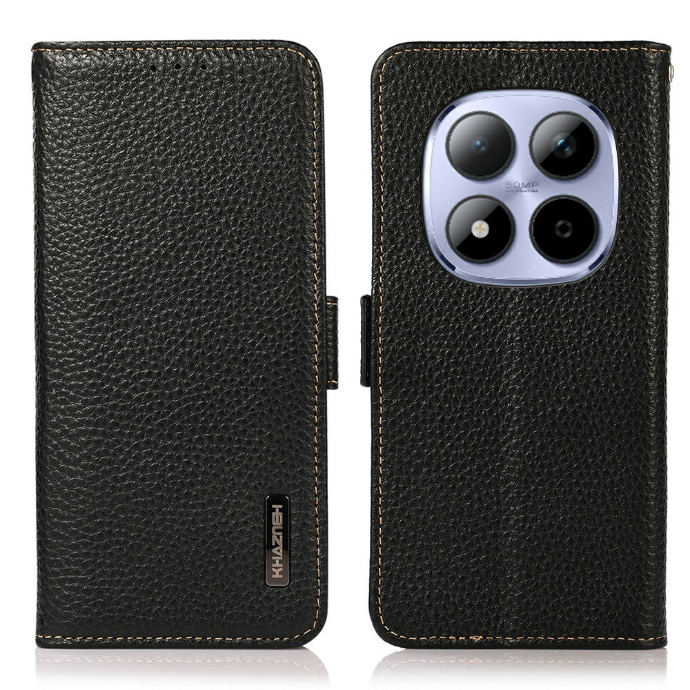KHAZNEH for Xiaomi Redmi Note 15 Pro 4G (Global) Phone Case Litchi Texture Genuine Cow Leather Cover RFID Blocking