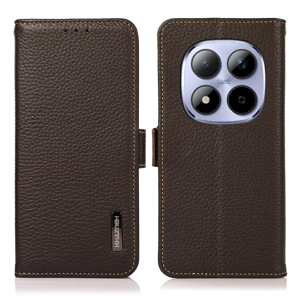 KHAZNEH for Xiaomi Redmi Note 15 Pro 4G (Global) Phone Case Litchi Texture Genuine Cow Leather Cover RFID Blocking
