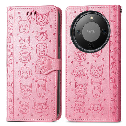 Honor Magic8 Lite 5G  /  X9d 5G  /  X70 5G Flip Wallet-Handyhülle – Aus Leder, mit niedlichem Katzen- & Hundemuster