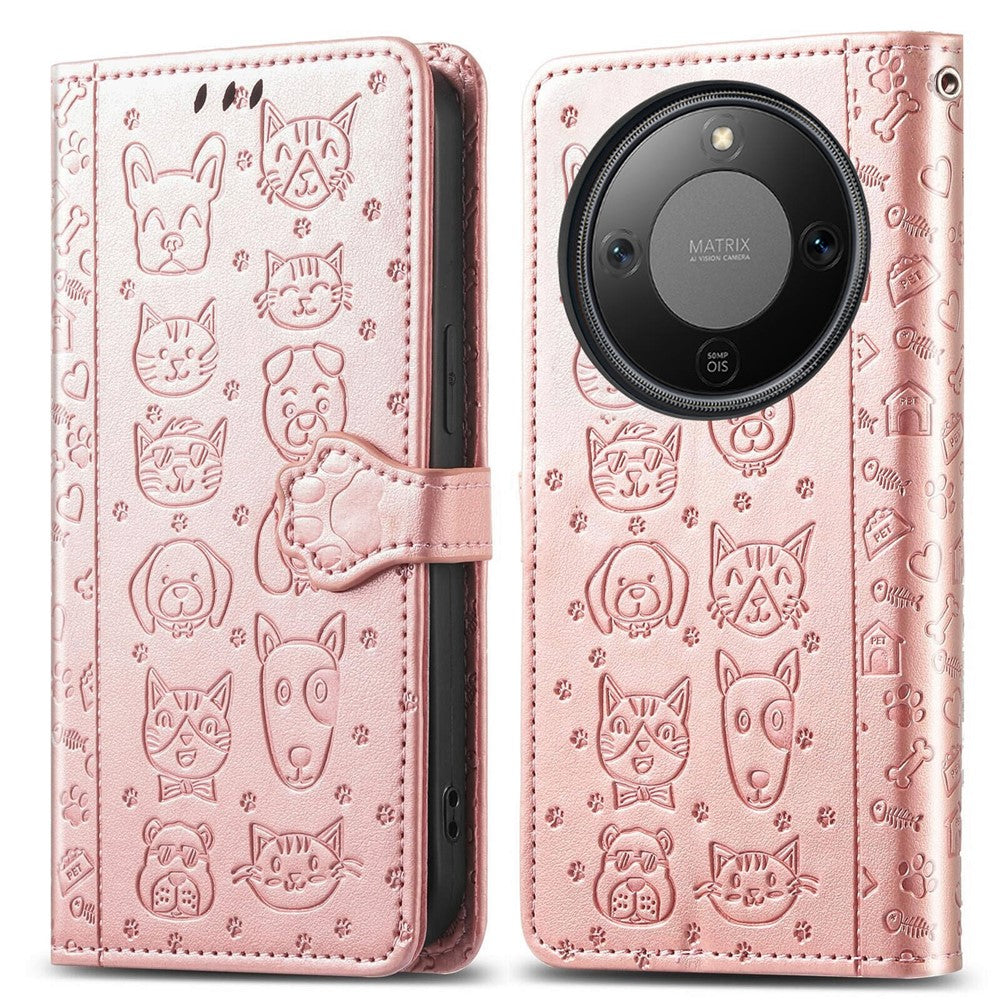 Honor Magic8 Lite 5G  /  X9d 5G  /  X70 5G Flip Wallet-Handyhülle – Aus Leder, mit niedlichem Katzen- & Hundemuster