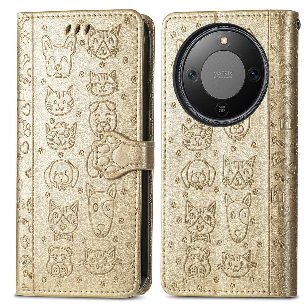 Honor Magic8 Lite 5G  /  X9d 5G  /  X70 5G Flip Wallet-Handyhülle – Aus Leder, mit niedlichem Katzen- & Hundemuster