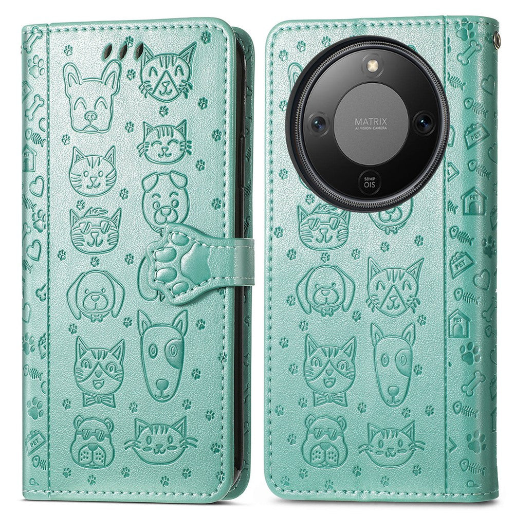 Honor Magic8 Lite 5G  /  X9d 5G  /  X70 5G Flip Wallet-Handyhülle – Aus Leder, mit niedlichem Katzen- & Hundemuster