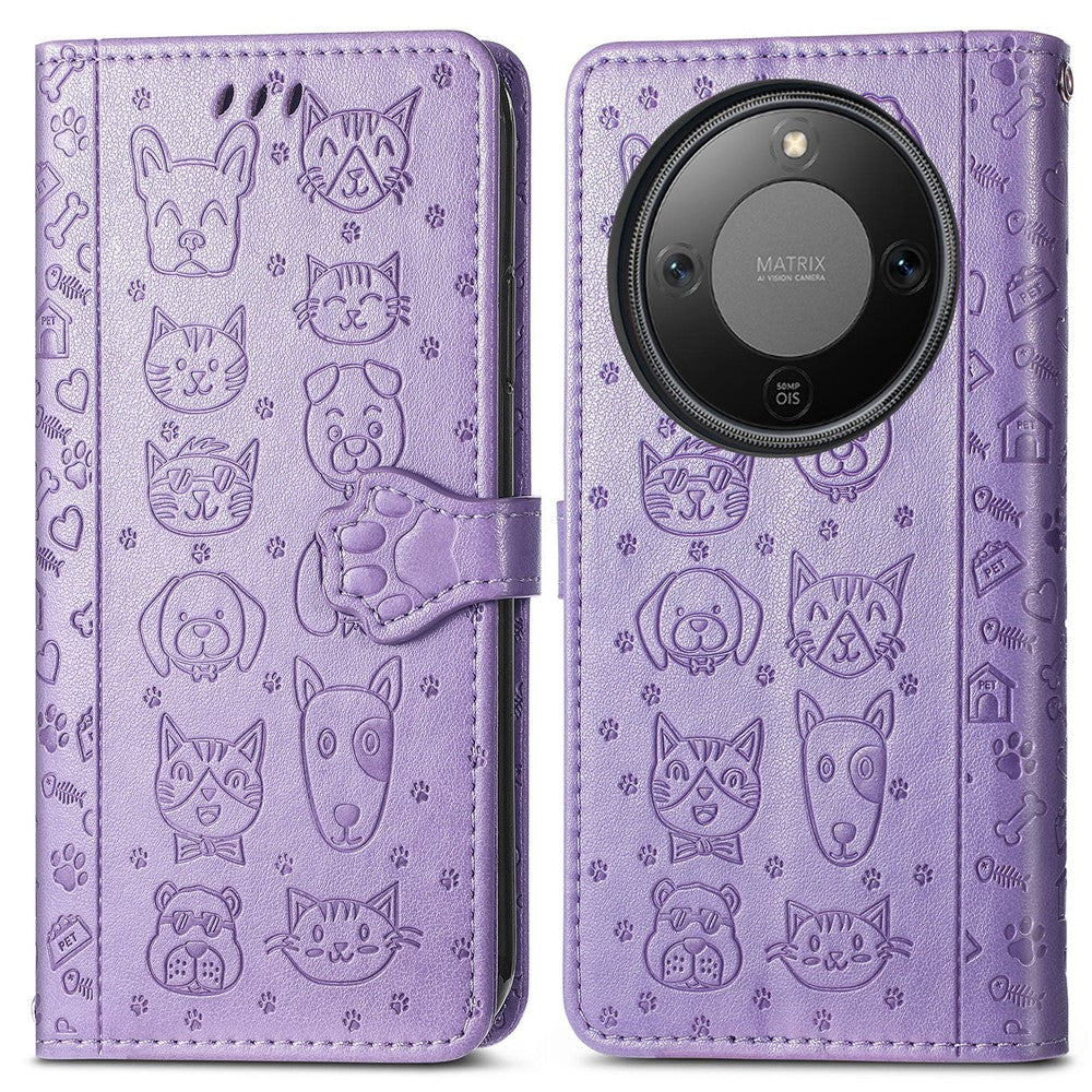 Honor Magic8 Lite 5G  /  X9d 5G  /  X70 5G Flip Wallet-Handyhülle – Aus Leder, mit niedlichem Katzen- & Hundemuster