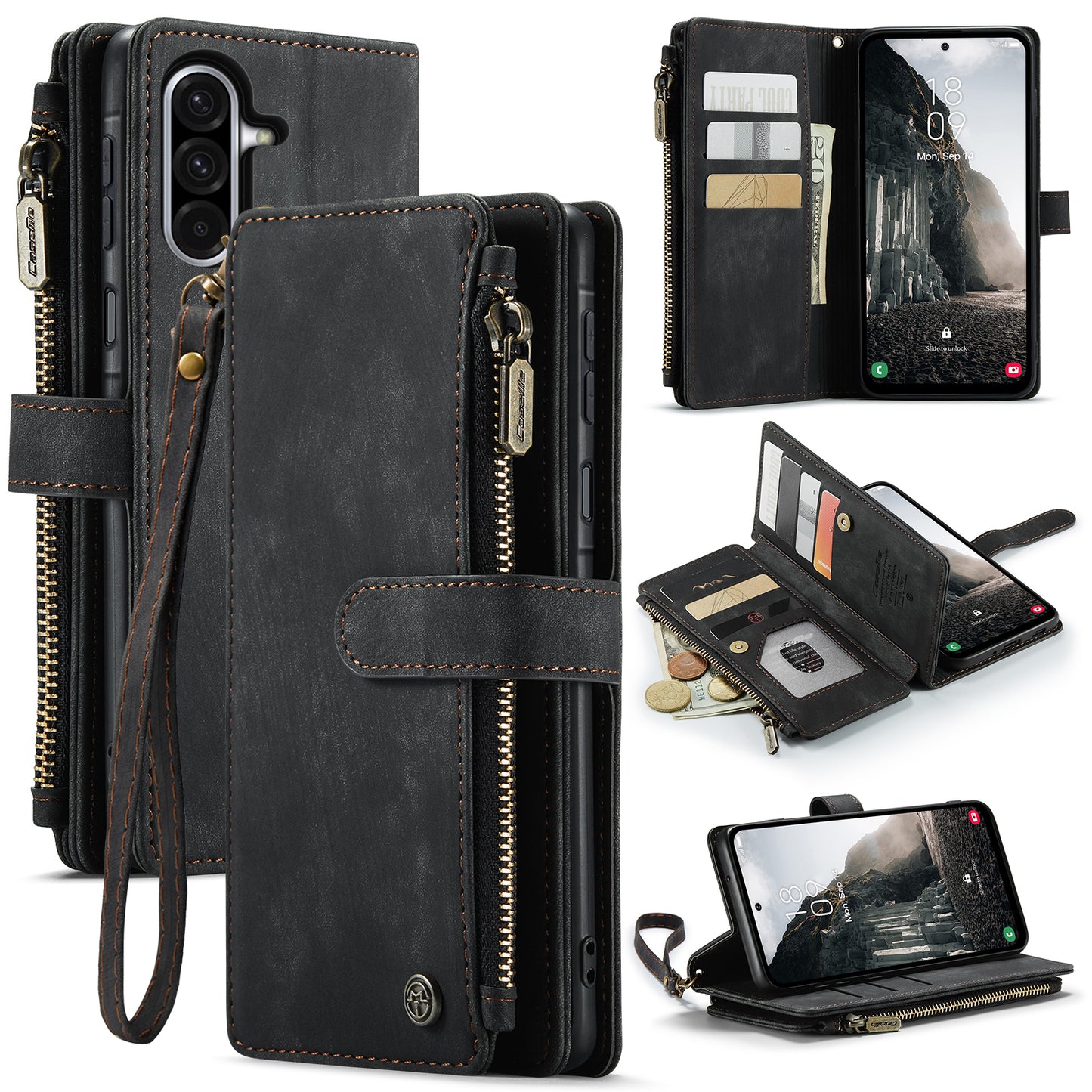 CASEME For Samsung Galaxy A37 5G Phone Cases with Strap  C30 Zipper Multiple Card Holder PU Leather Cover