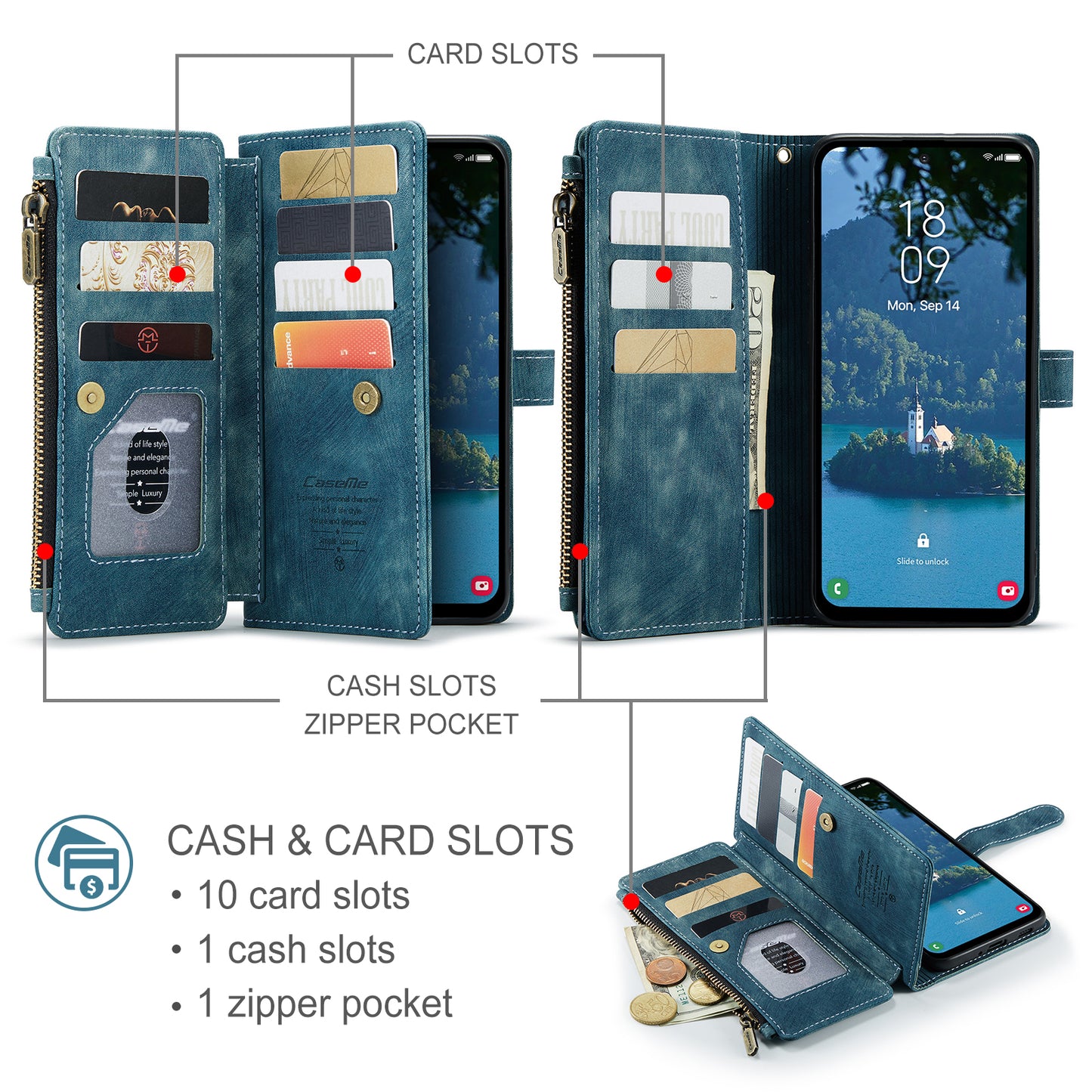 CASEME For Samsung Galaxy A37 5G Phone Cases with Strap  C30 Zipper Multiple Card Holder PU Leather Cover