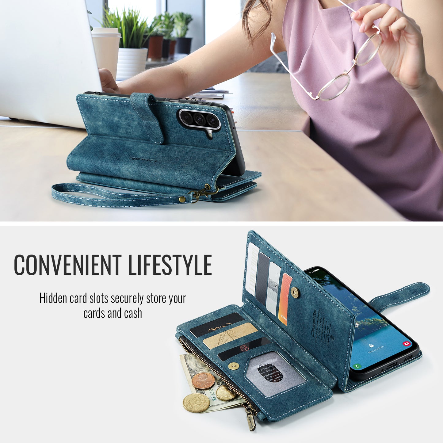 CASEME For Samsung Galaxy A37 5G Phone Cases with Strap  C30 Zipper Multiple Card Holder PU Leather Cover