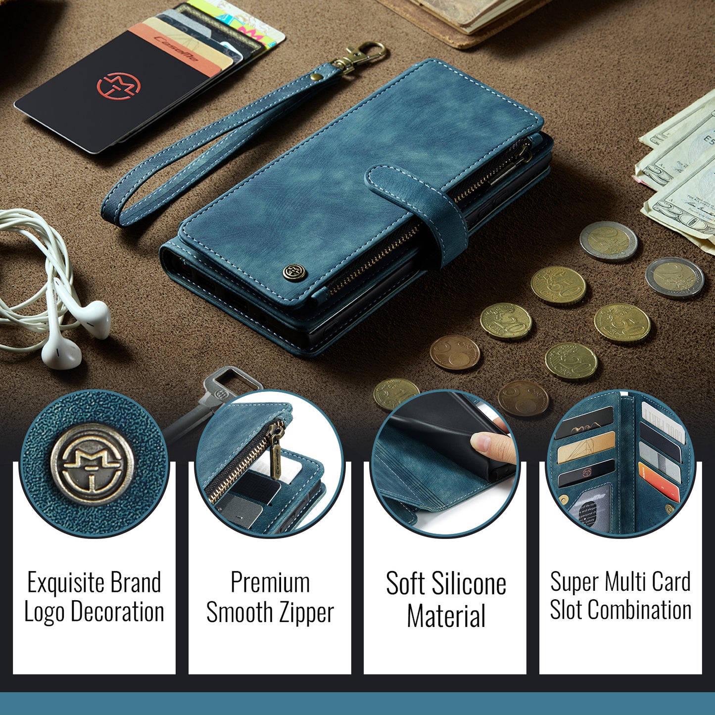 CASEME For Samsung Galaxy A37 5G Phone Cases with Strap  C30 Zipper Multiple Card Holder PU Leather Cover