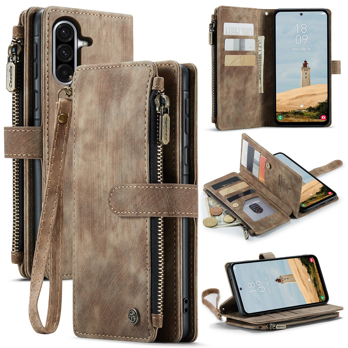 CASEME For Samsung Galaxy A37 5G Phone Cases with Strap  C30 Zipper Multiple Card Holder PU Leather Cover