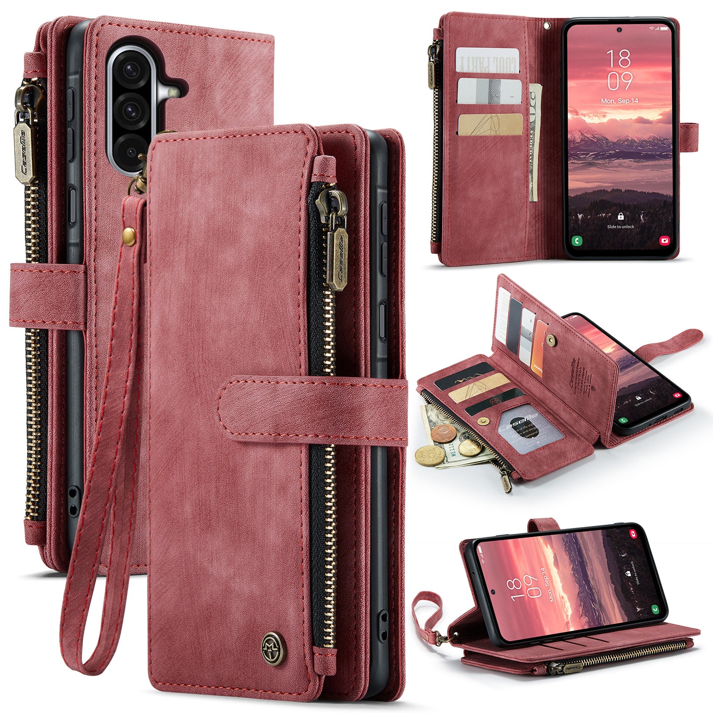 CASEME For Samsung Galaxy A37 5G Phone Cases with Strap  C30 Zipper Multiple Card Holder PU Leather Cover