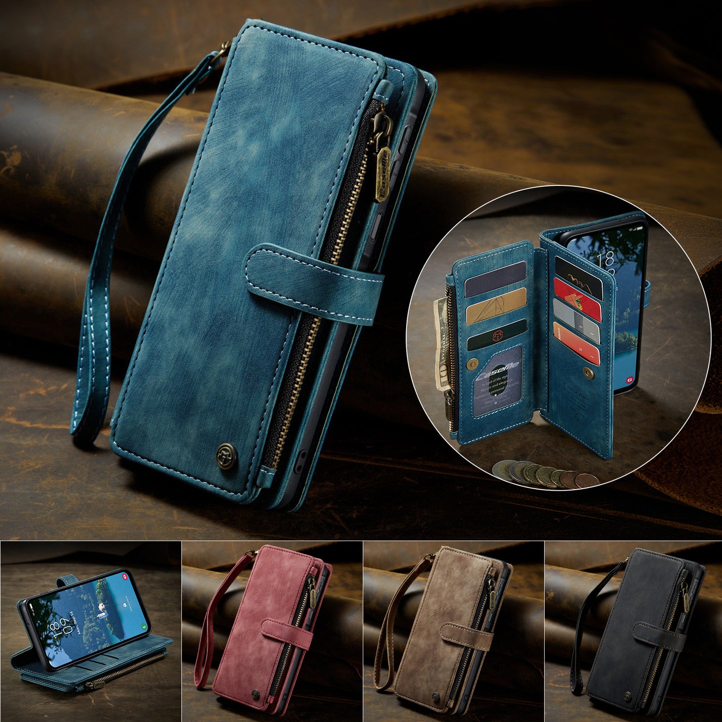 CASEME For Samsung Galaxy A57 5G Phone Cases with Strap  C30 Zipper Multiple Card Holder PU Leather Cover