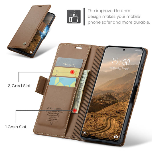 Xiaomi Redmi Note 15 5G (Global) / Xiaomi Redmi Note 15 4G (Global) / Xiaomi Poco M8 5G Handyhülle – CASEME 023 Series RFID-blockierende Brieftasche mit Ständer, glänzende Litchi-Textur-Leder