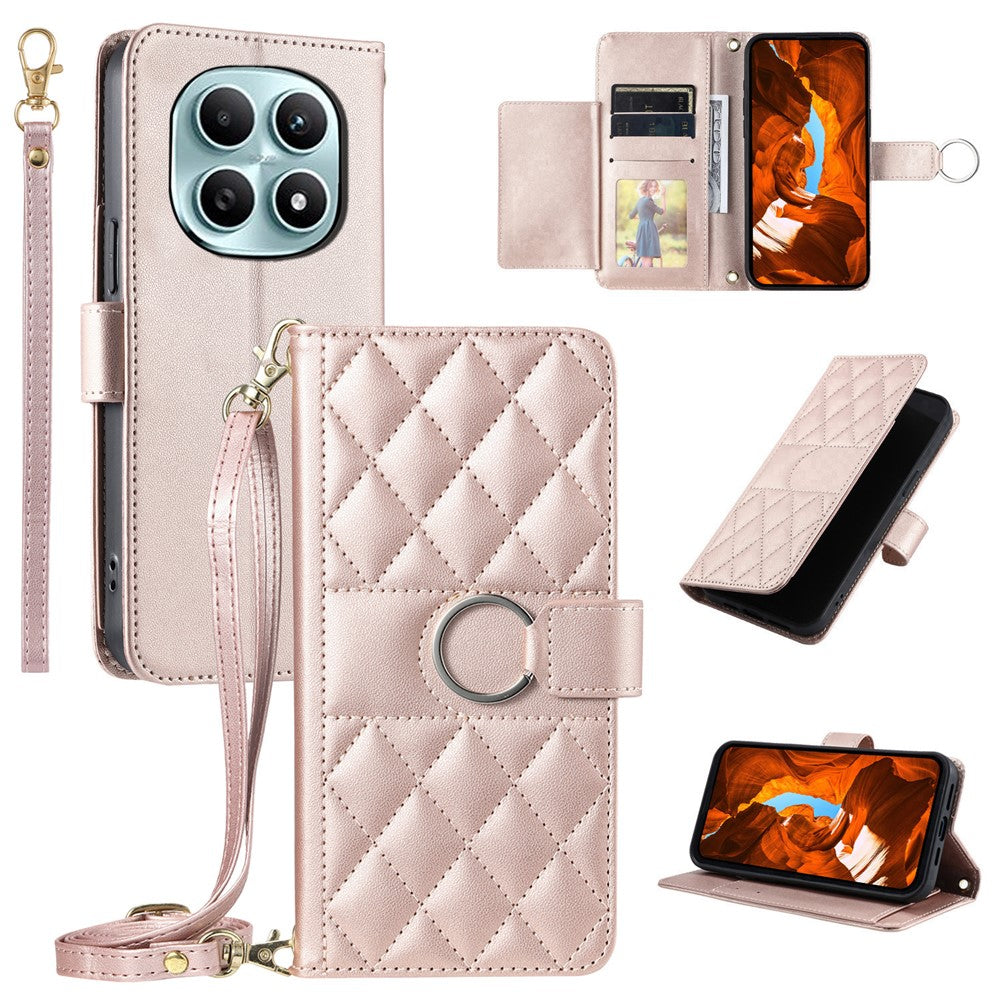 Crossbody Leather Case for Xiaomi Redmi Note 15 5G (Global) / 15 4G (Global) / Poco M8 5G Ring Buckle Wallet Stand Rhombus Mobile Cover