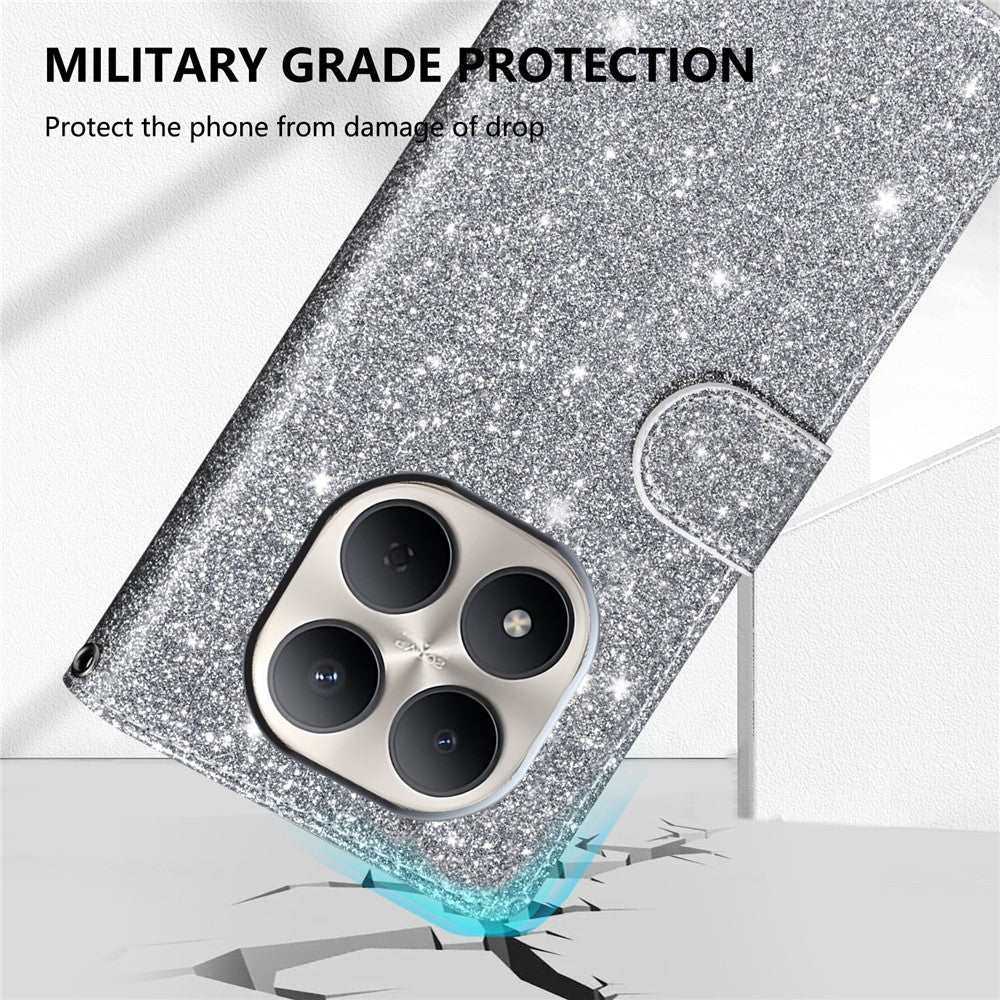 Stand Case For Xiaomi Redmi Note 15 5G (Global)  /  15 4G (Global)  /  Poco M8 5G Glitter Phone Leather Cover Zipper Pocket