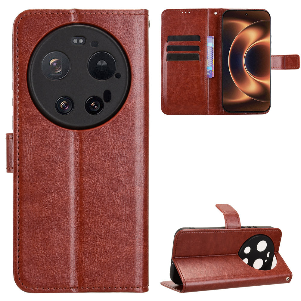 For Xiaomi 17 Ultra by Leica / Xiaomi 17 Ultra 5G PU Leather Case with Strap Crazy Horse Texture Phone Wallet Cover