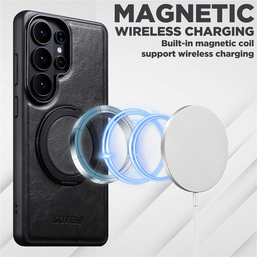SUTENI G3 For Samsung Galaxy S26 Ultra Magnetic Case Waxy Texture Rotating Kickstand Leather Phone Back Cover