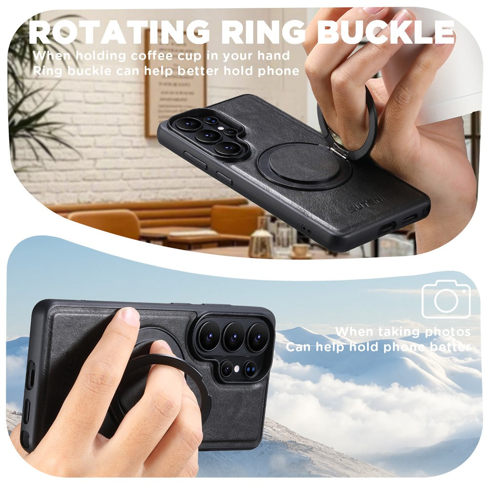 SUTENI G3 For Samsung Galaxy S26 Ultra Magnetic Case Waxy Texture Rotating Kickstand Leather Phone Back Cover