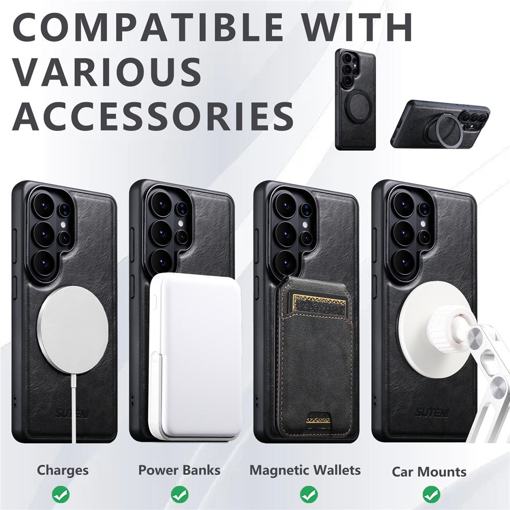 SUTENI G3 For Samsung Galaxy S26 Ultra Magnetic Case Waxy Texture Rotating Kickstand Leather Phone Back Cover