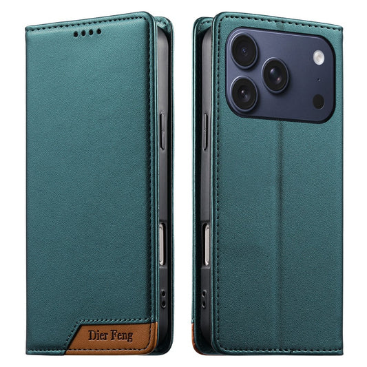 DIERFENG DF-018 for iPhone 18 Pro / 17 Pro Case RFID Blocking Wallet Leather Phone Cover with Color Splicing Logo Corner