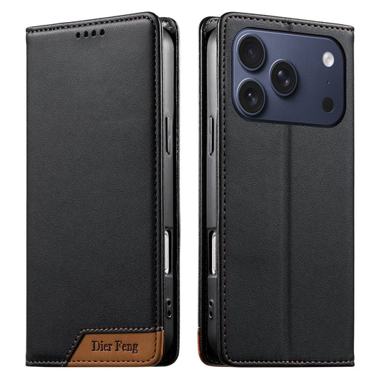 DIERFENG DF-018 for iPhone 18 Pro Max / 17 Pro Max Case RFID Blocking Wallet Leather Phone Cover with Color Splicing Logo Corner
