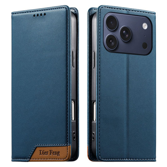 DIERFENG DF-018 for iPhone 18 Pro Max / 17 Pro Max Case RFID Blocking Wallet Leather Phone Cover with Color Splicing Logo Corner