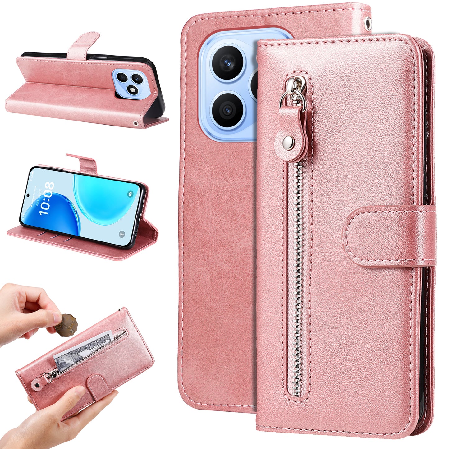 For Honor X8d 4G PU Leather Cases with Zipper Pocket Wallet Phone Cover Stand