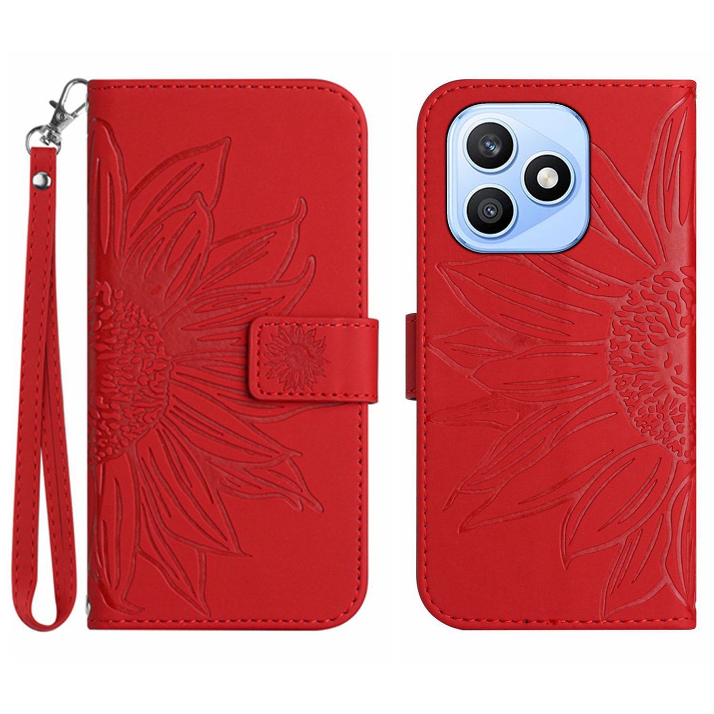 For Honor X8d 4G Case Sunflower Imprint Leather Wallet Phone Cover with Wrist Strap