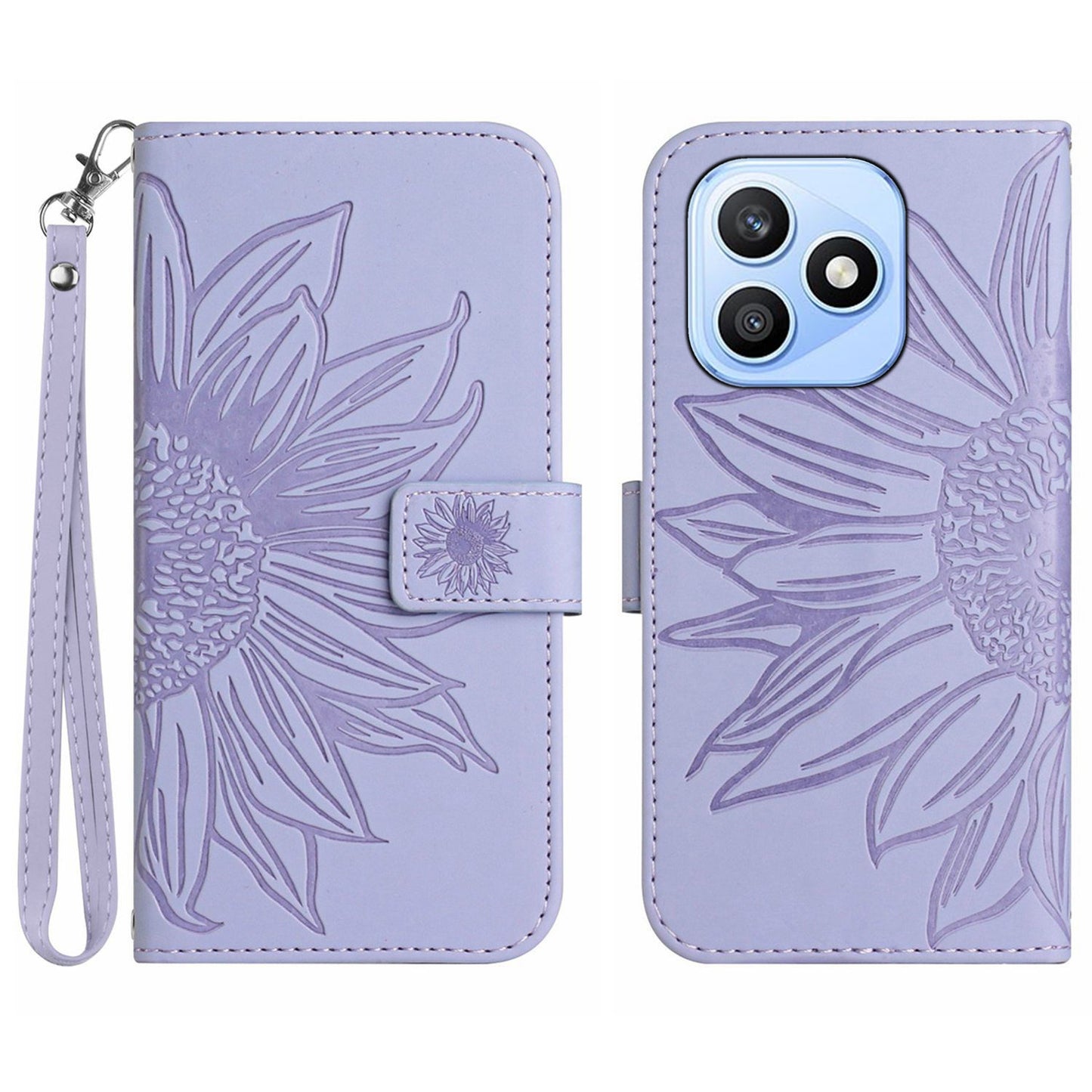 For Honor X8d 4G Case Sunflower Imprint Leather Wallet Phone Cover with Wrist Strap