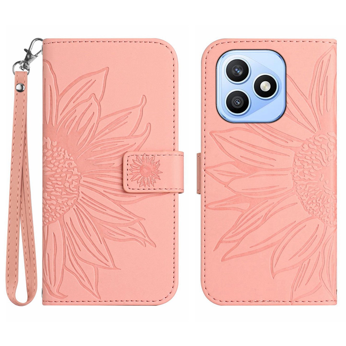 For Honor X8d 4G Case Sunflower Imprint Leather Wallet Phone Cover with Wrist Strap