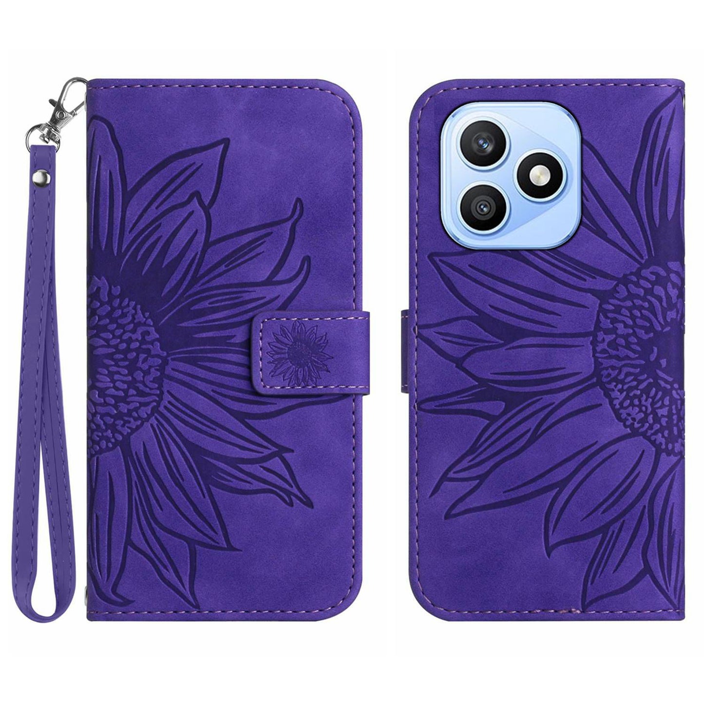 For Honor X8d 4G Case Sunflower Imprint Leather Wallet Phone Cover with Wrist Strap