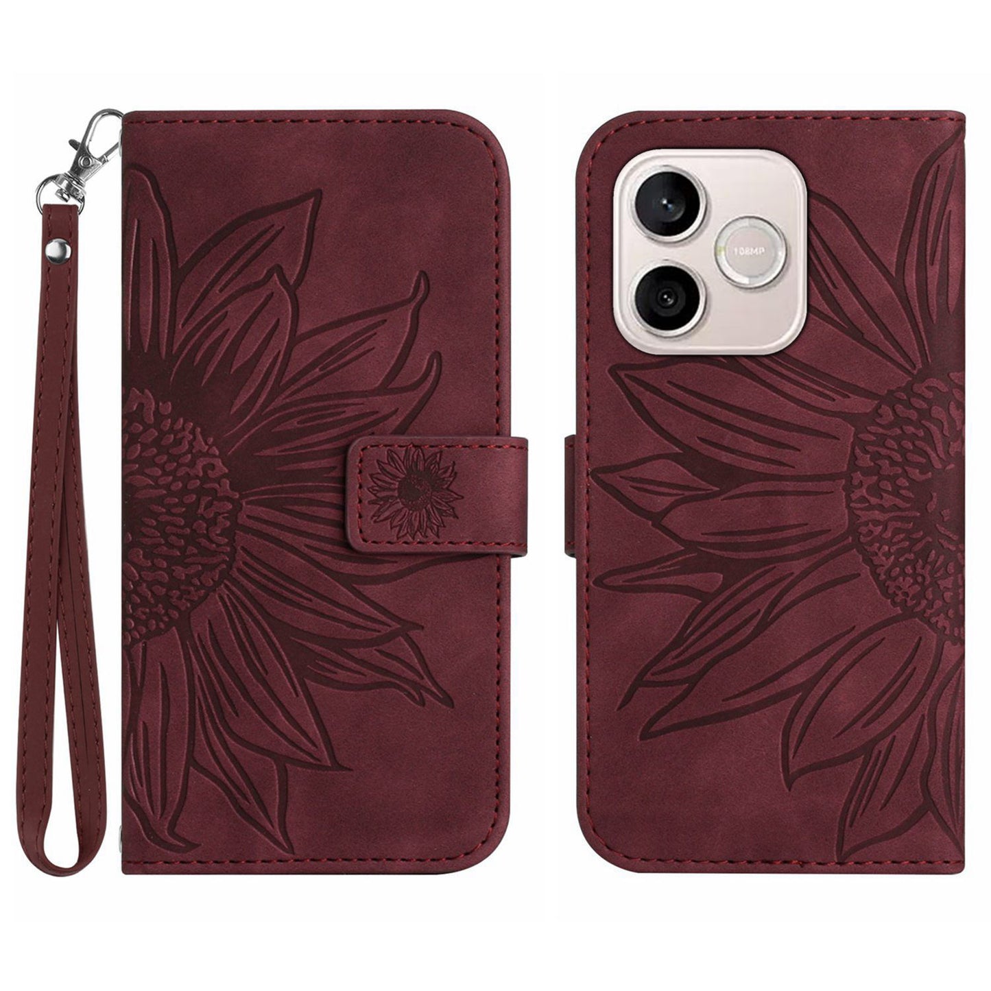 For Honor 600 Lite 5G Case Sunflower Imprint Leather Wallet Phone Cover with Wrist Strap