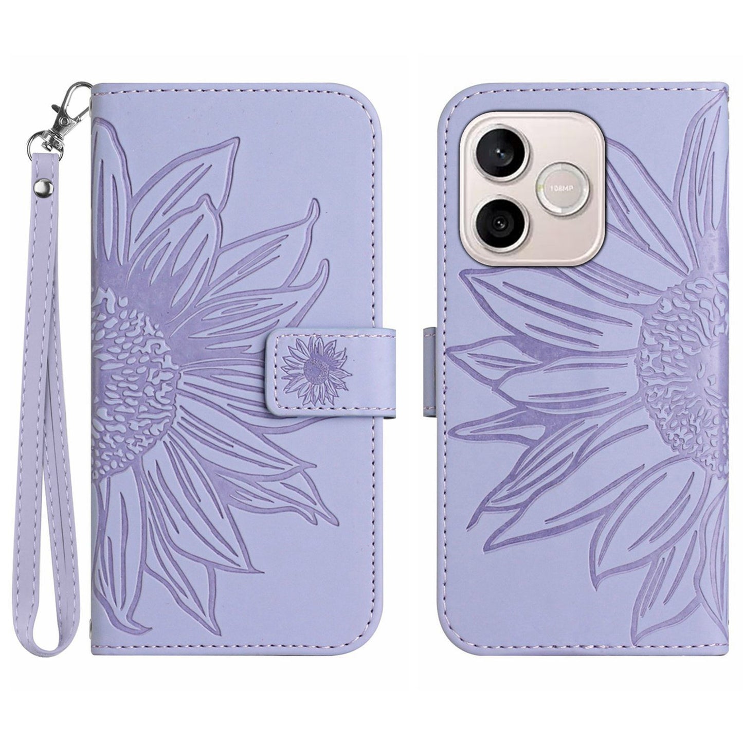 For Honor 600 Lite 5G Case Sunflower Imprint Leather Wallet Phone Cover with Wrist Strap
