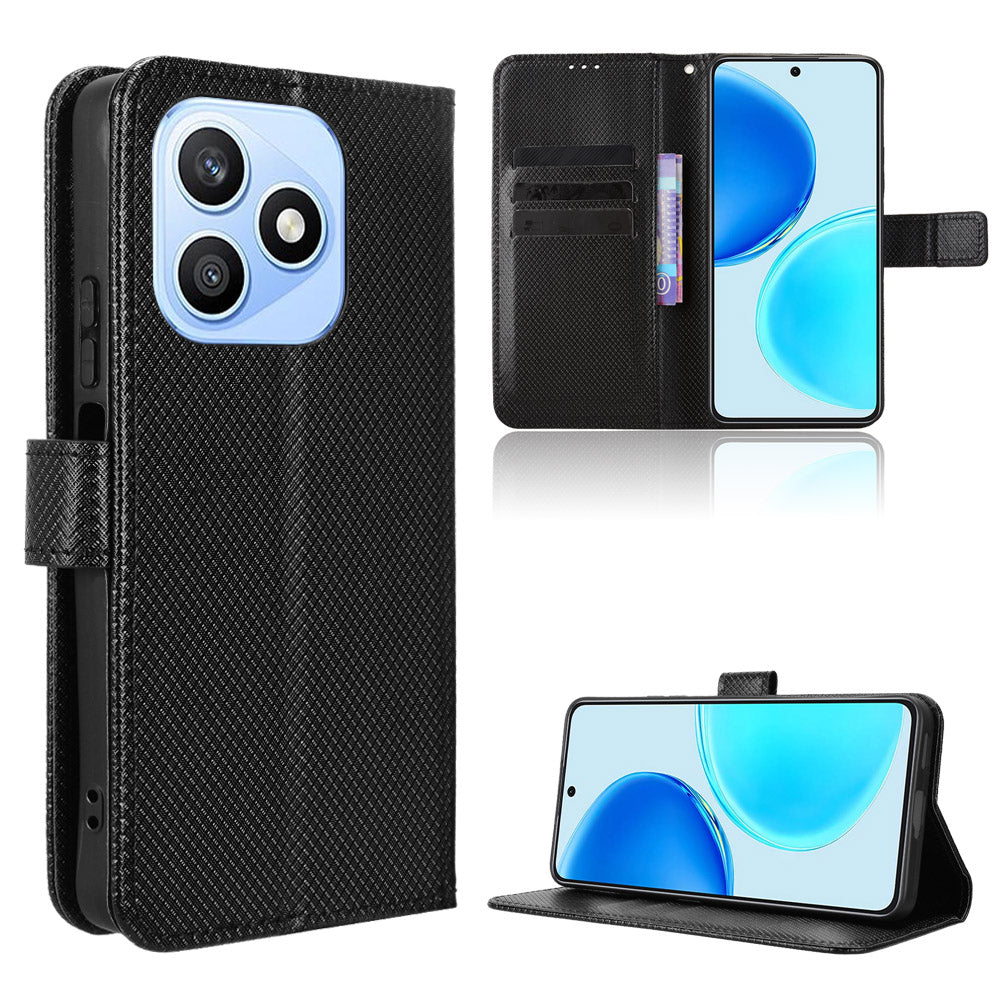 For Honor X8d 4G Leather Wallet Case with Strap Diamond Texture Phone Cover